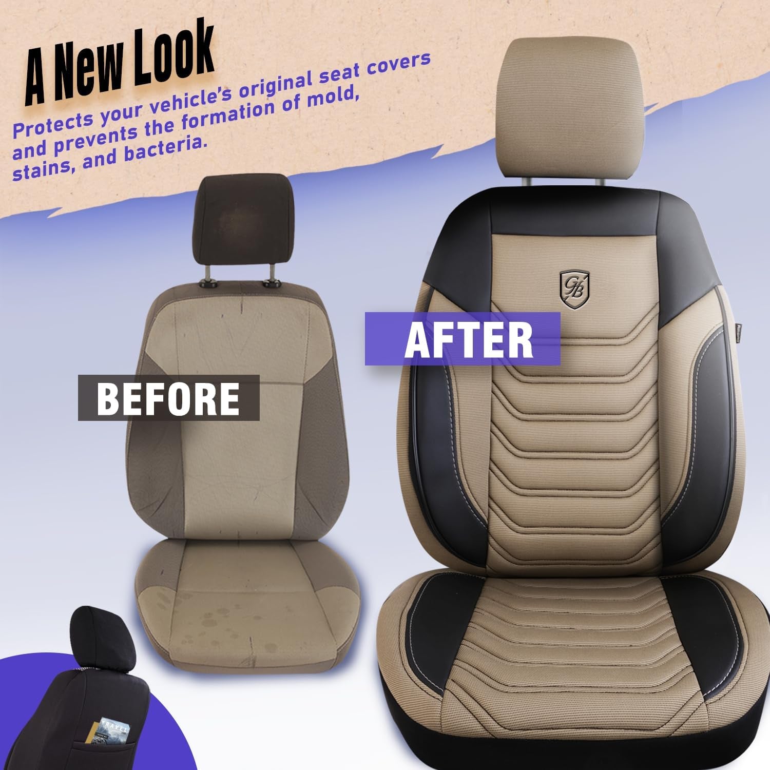 Premium Car Seat Covers Front Seat - Piqué Fabric Car Seat Cover for SUV, Cars, Most Pickups, Beige-Black, Car Seat Protector, Car Seat Covers Front Seats, Car Seat Protector