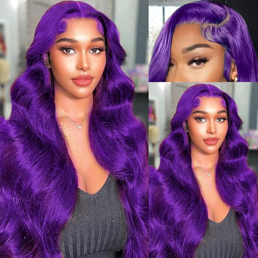 XIAPAY Purple Lace Front Wigs Human Hair With Baby Hair 13x4 Purple Human Hair Wig Body Wave Lace Front Wigs Human Hair Pre Plucked Colored Wigs Human Hair 200% Density Purple Wigs For Women 22 Inch