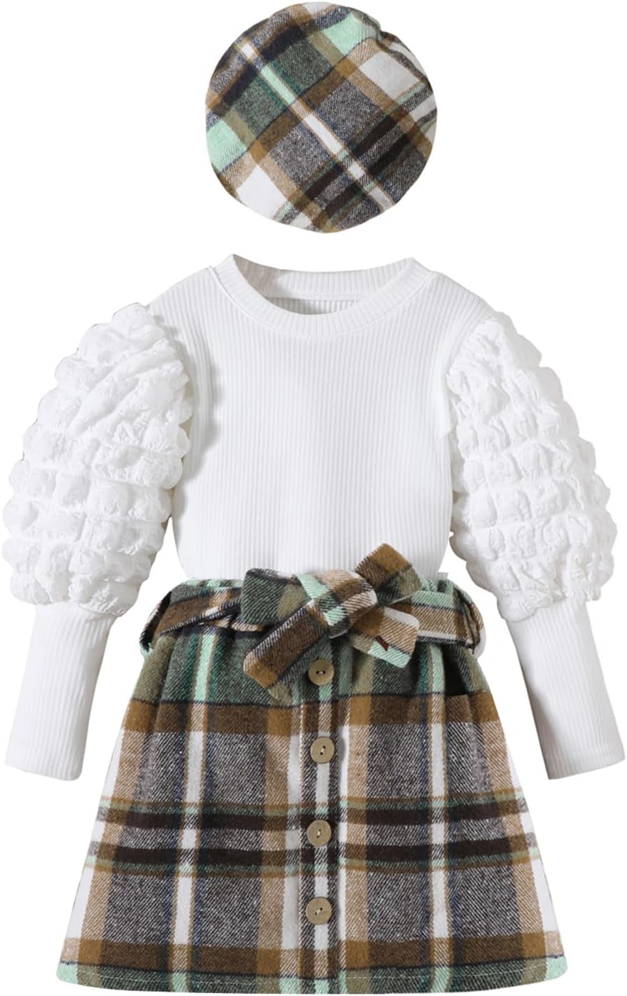 Kupretty Toddler Baby Girl Fall Winter Clothes Turtleneck Solid Knit Pullover Tops Plaid Button Mini Skirts Set Outfits