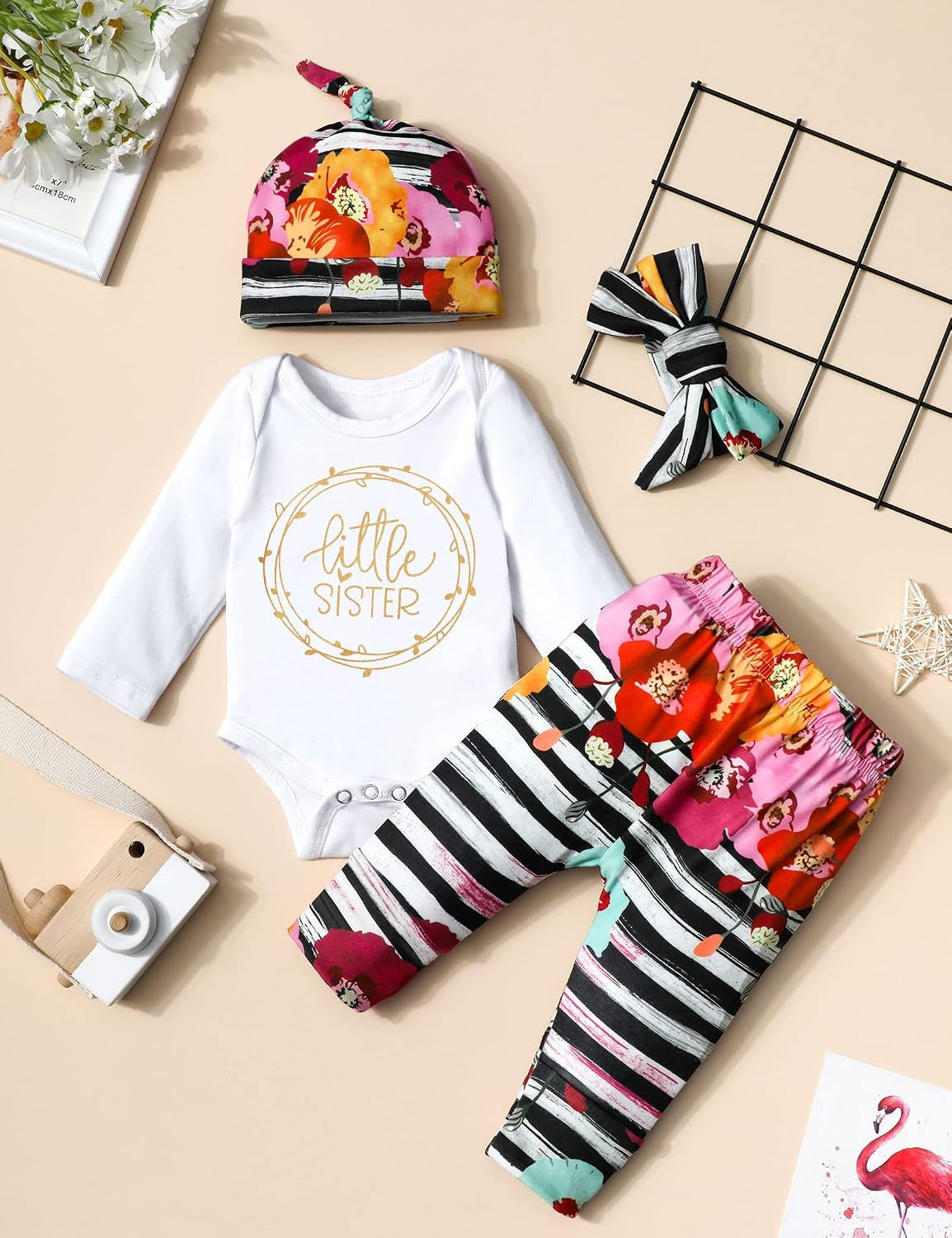 KANGKANG Newborn Baby Girl Clothes Hi I'M New Here Newborn Outfit Infant Romper Floral Pants Cute Baby Girl Outfits 4PC Set