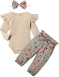 KANGKANG Newborn Baby Girl Clothes Ribbed Ruffle Sleeve Romper + Floral Pants + Headband Cute Infant Baby Girl Outfit 3Pcs