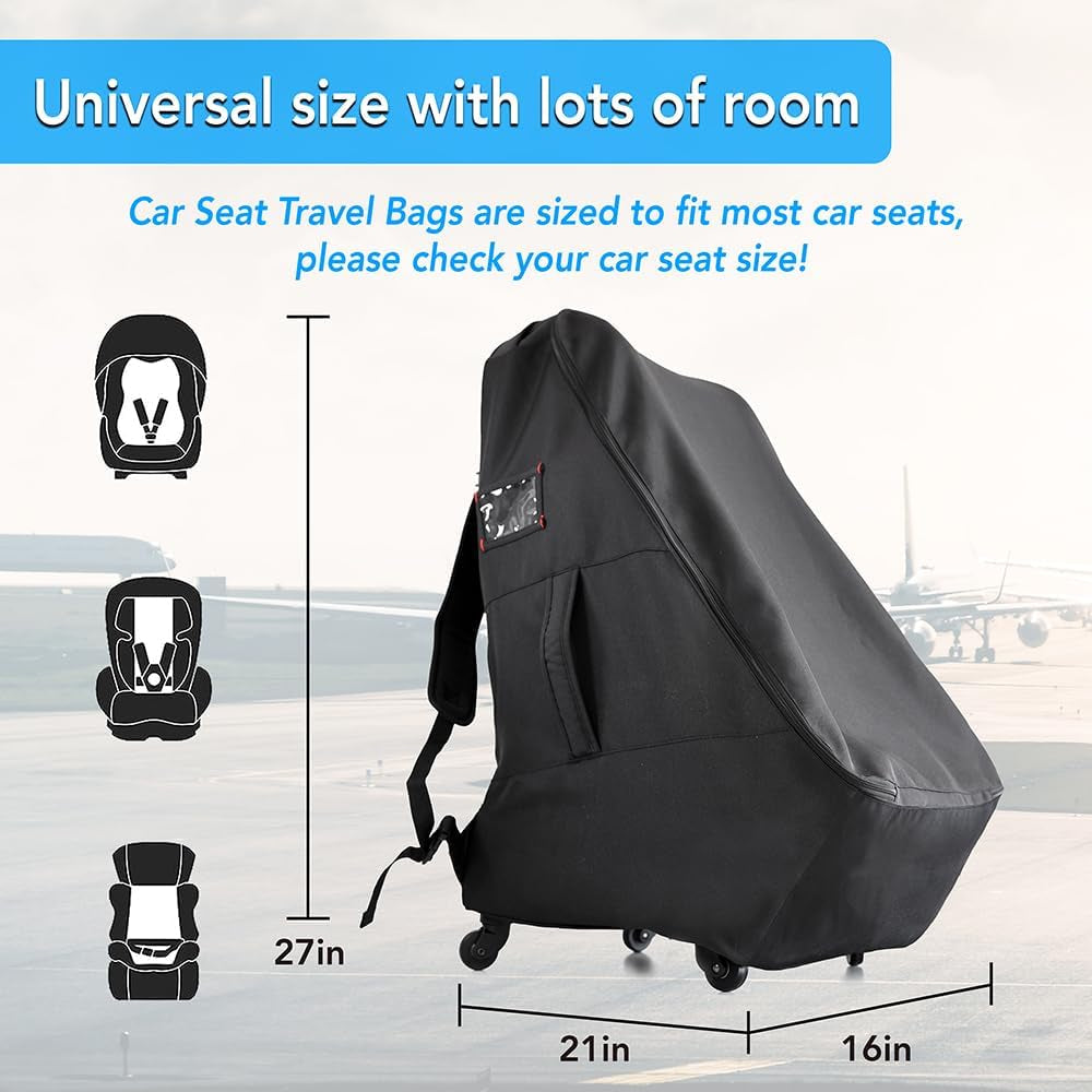 Car Seat Travel Bag with Wheels Car Seat Bag for Airplane Padded Adjustable Strap Car Seat Carrier Car Seat Travel Cover with Wheels (Black)
