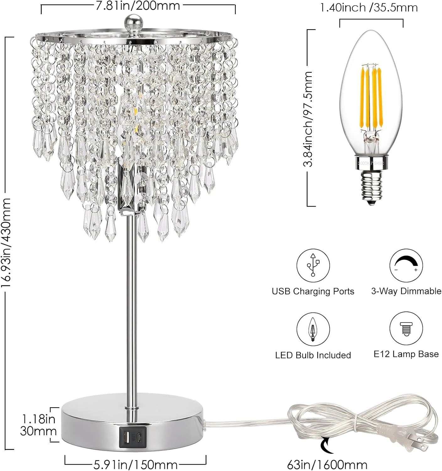 Touch Control Crystal Table Lamp with USB C+A Charging Ports, 3-Way Dimmable Bedside Touch Lamp Decorative Nightstand Lamp with Elegant Lampshade for Living Room Bedroom, B11 LED Bulb Included