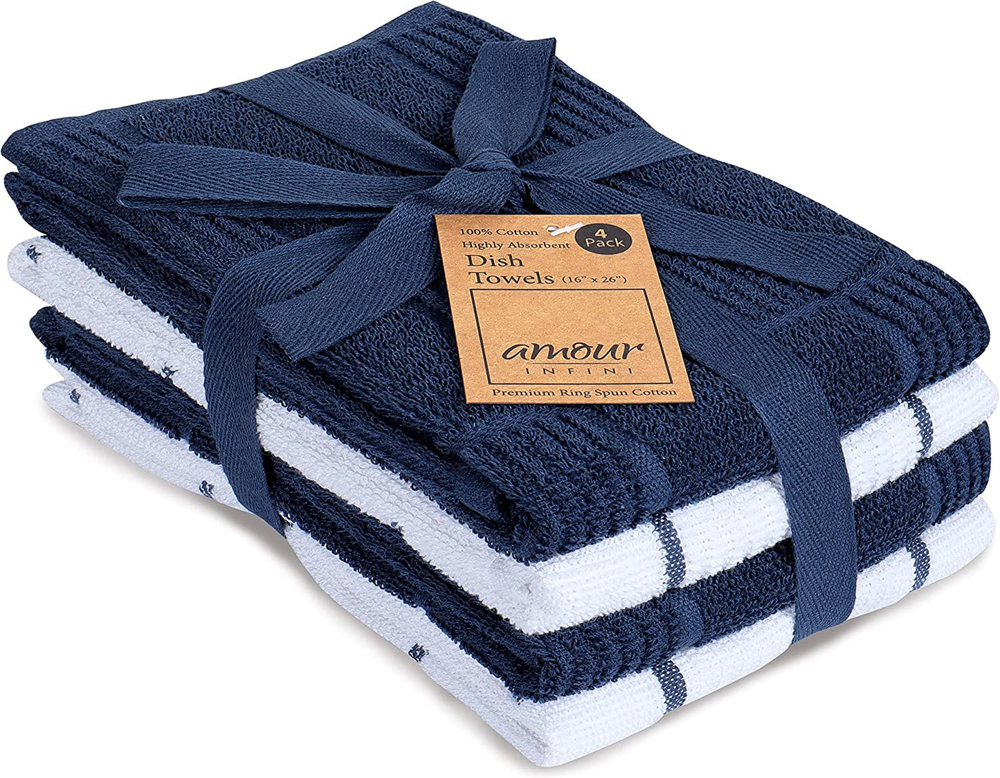 Kitchen Towels Pack of 4, Terry Cotton Dish Towels, Ultra Absorbent, Quick Drying Hand & Tea Towels, Soft Durable Cleaning Cloths with Hanging Loop, 16 X 26 Inch (Navy/Blue)
