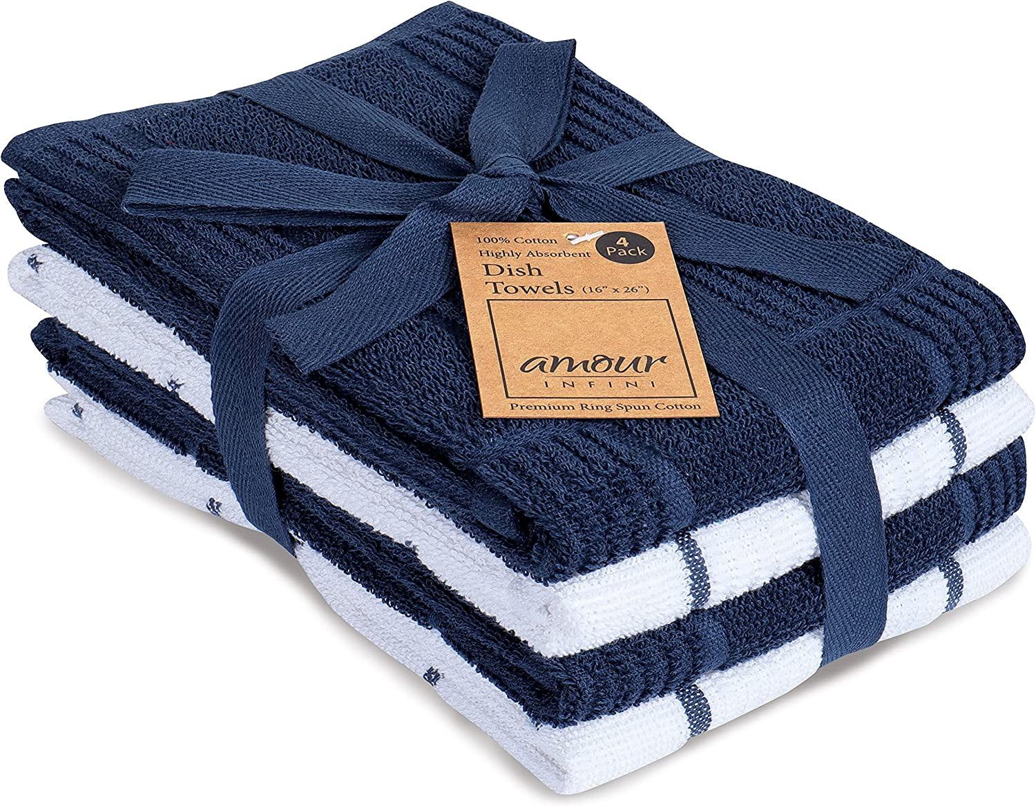 Kitchen Towels Pack of 4, Terry Cotton Dish Towels, Ultra Absorbent, Quick Drying Hand & Tea Towels, Soft Durable Cleaning Cloths with Hanging Loop, 16 X 26 Inch (Navy/Blue)