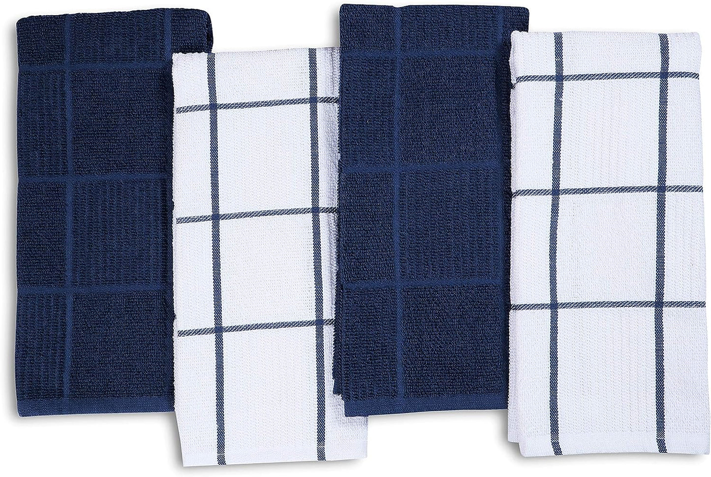 Kitchen Towels Pack of 4, Terry Cotton Dish Towels, Ultra Absorbent, Quick Drying Hand & Tea Towels, Soft Durable Cleaning Cloths with Hanging Loop, 16 X 26 Inch (Navy/Blue)