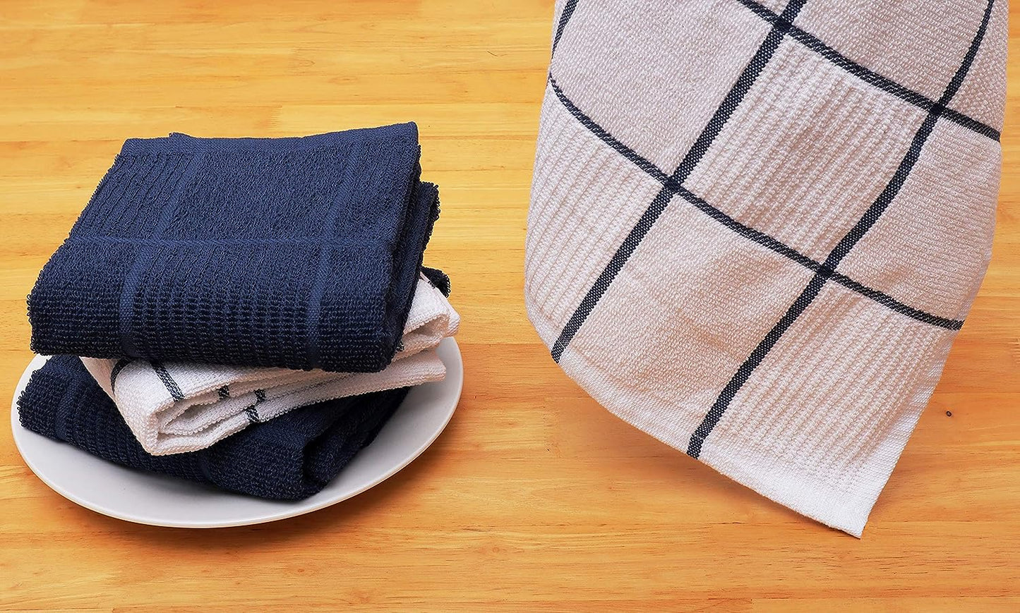 Kitchen Towels Pack of 4, Terry Cotton Dish Towels, Ultra Absorbent, Quick Drying Hand & Tea Towels, Soft Durable Cleaning Cloths with Hanging Loop, 16 X 26 Inch (Navy/Blue)
