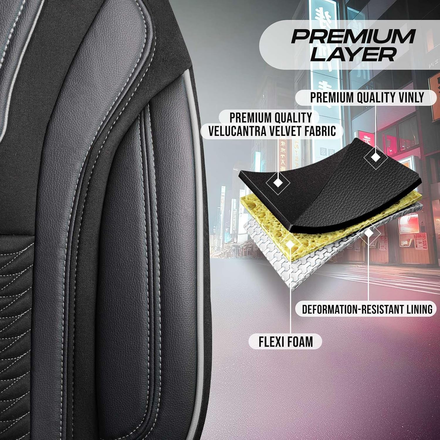 Premium Car Seat Covers Front Seat - Velour & Leather Car Seat Cover for SUV, Cars, Most Pickups, Black-Grey, Car Seat Protector, Car Seat Covers Front Seats, Car Seat Protector
