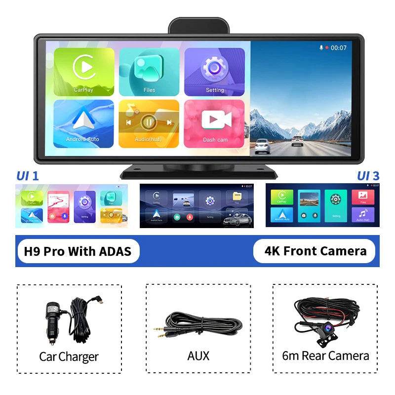 10.26" H9 Pro 4K Dash Cam ADAS Wireless Carplay Android Auto Car DVR Camera AUX 5G Wifi GPS Navigation Video Recorder