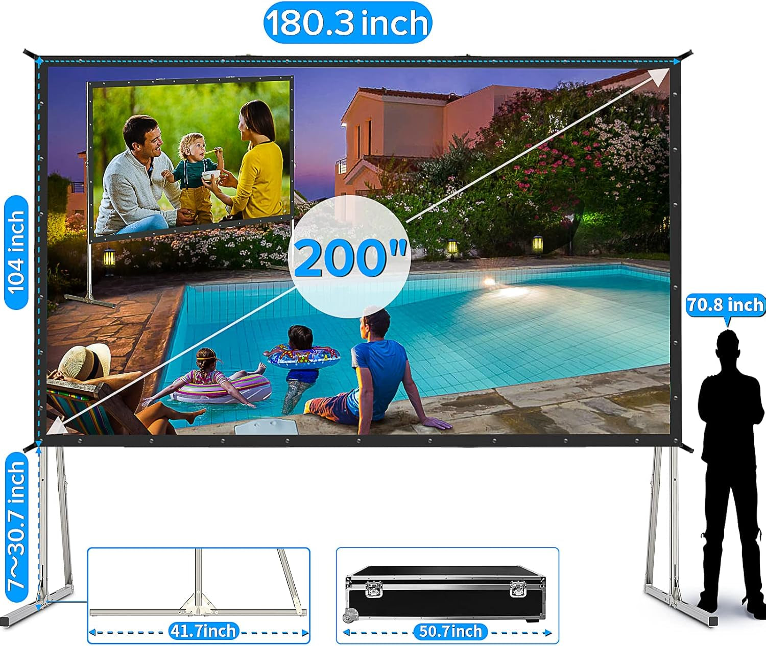 Projector Screen 200 Inch, 3-Layers PVC Projector Screen with Stand