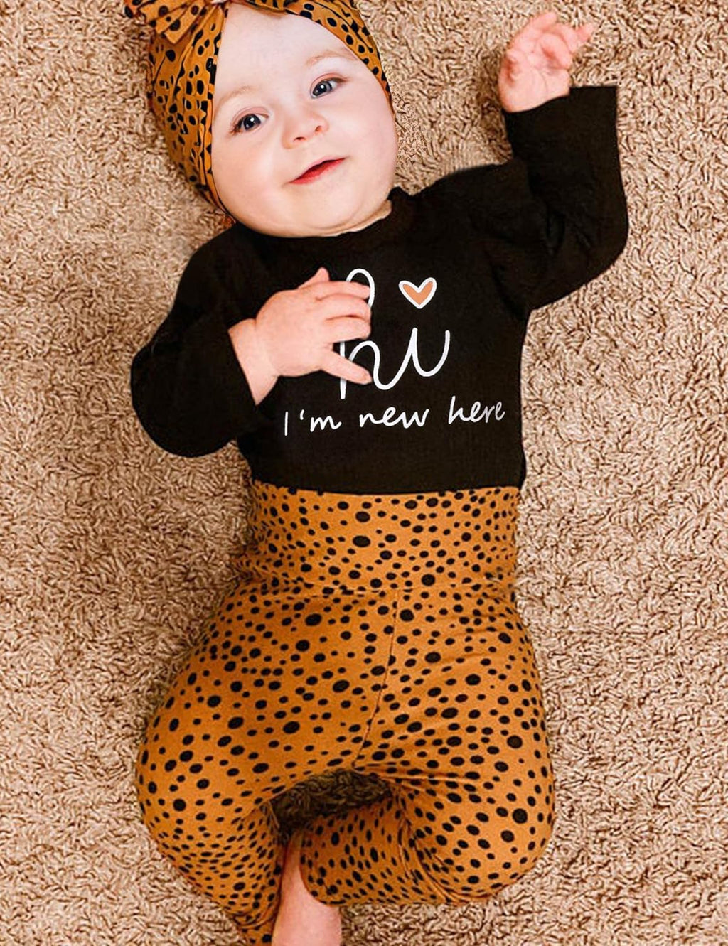KANGKANG Newborn Baby Girl Clothes Hi I'M New Here Newborn Outfit Infant Romper Floral Pants Cute Baby Girl Outfits 4PC Set
