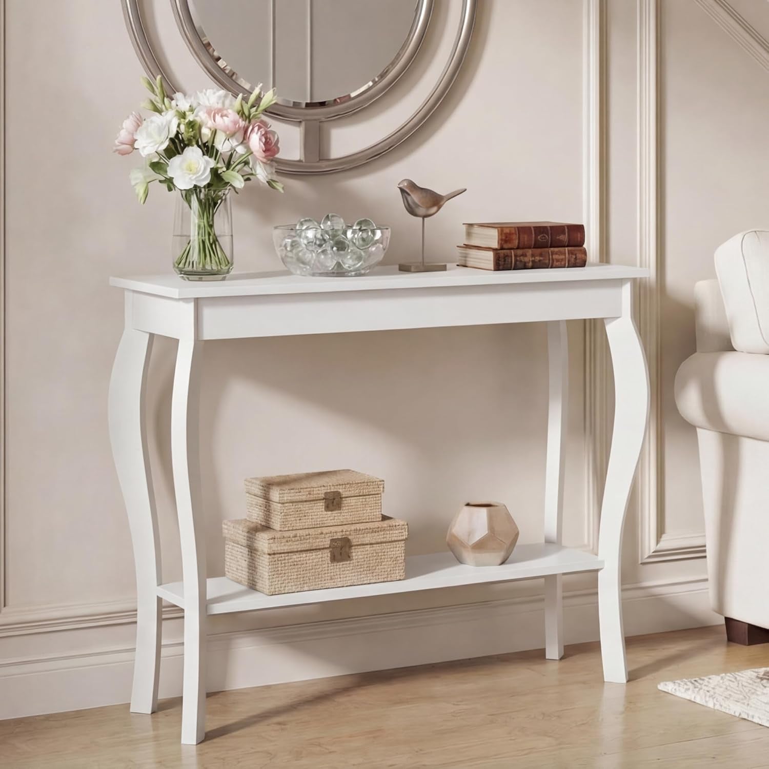 39" Narrow Entryway Table with Storage Shelf, White